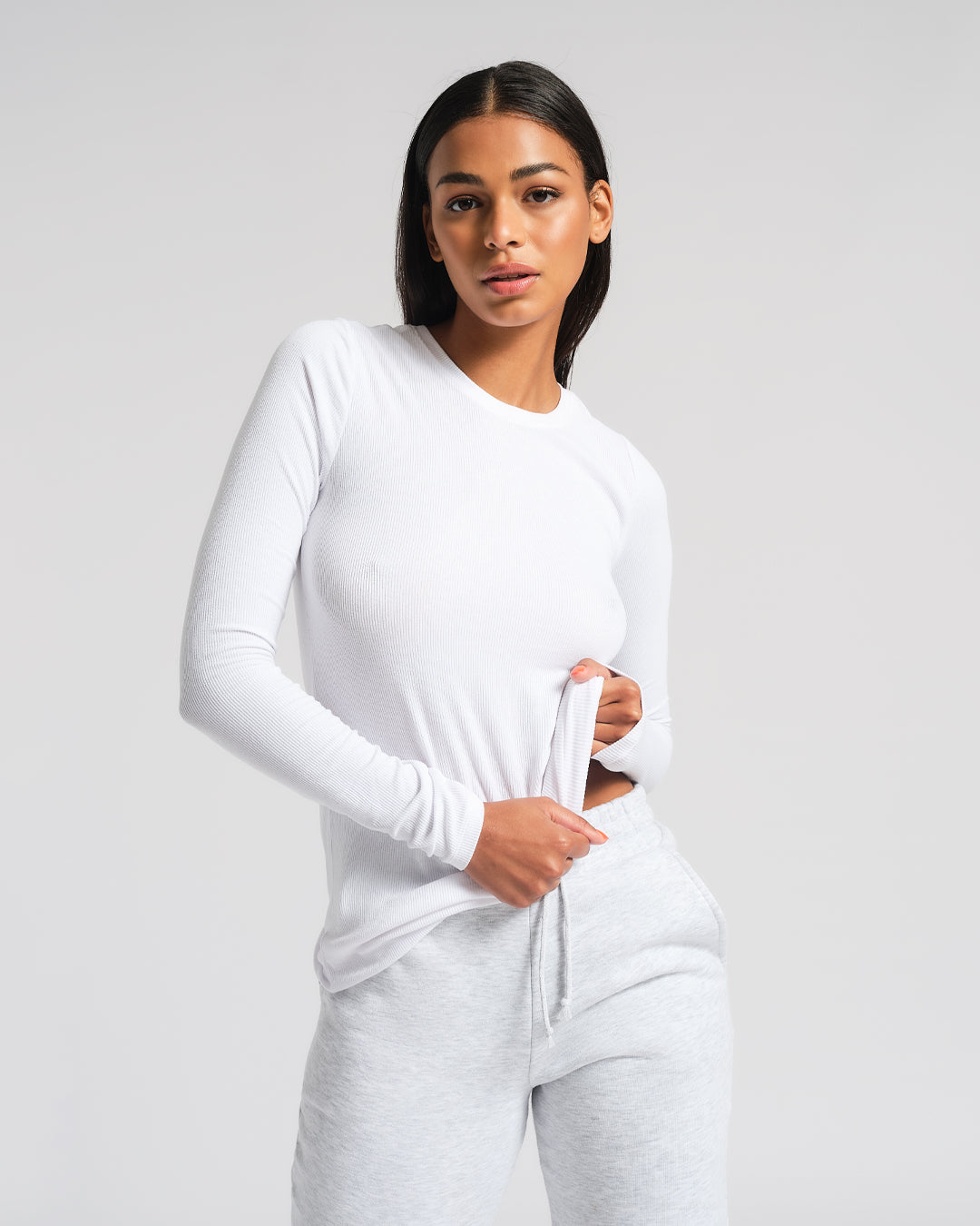 LONG SLEEVE RIBBED CREW NECK IN WHITE - thetstore_clothing